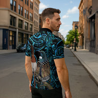 New Zealand Tui Bird Taiaha Zipper Polo Shirt Maori Weapon Paua Shell Mix Silver Fern