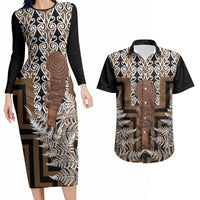 Wahaika New Zealand Couples Matching Long Sleeve Bodycon Dress and Hawaiian Shirt Maori Weapon Kowhaiwhai Fern Poutama Motifs LT14 Brown - Polynesian Pride