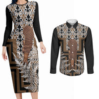 Wahaika New Zealand Couples Matching Long Sleeve Bodycon Dress and Long Sleeve Button Shirt Maori Weapon Kowhaiwhai Fern Poutama Motifs LT14 Brown - Polynesian Pride