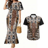 Wahaika New Zealand Couples Matching Mermaid Dress and Hawaiian Shirt Maori Weapon Kowhaiwhai Fern Poutama Motifs LT14 Brown - Polynesian Pride
