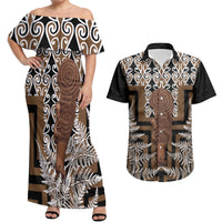 Wahaika New Zealand Couples Matching Off Shoulder Maxi Dress and Hawaiian Shirt Maori Weapon Kowhaiwhai Fern Poutama Motifs LT14 Brown - Polynesian Pride
