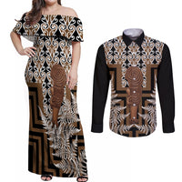 Wahaika New Zealand Couples Matching Off Shoulder Maxi Dress and Long Sleeve Button Shirt Maori Weapon Kowhaiwhai Fern Poutama Motifs