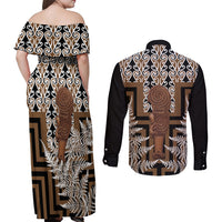Wahaika New Zealand Couples Matching Off Shoulder Maxi Dress and Long Sleeve Button Shirt Maori Weapon Kowhaiwhai Fern Poutama Motifs