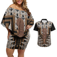 Wahaika New Zealand Couples Matching Off Shoulder Short Dress and Hawaiian Shirt Maori Weapon Kowhaiwhai Fern Poutama Motifs LT14 Brown - Polynesian Pride
