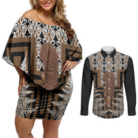 Wahaika New Zealand Couples Matching Off Shoulder Short Dress and Long Sleeve Button Shirt Maori Weapon Kowhaiwhai Fern Poutama Motifs LT14 Brown - Polynesian Pride