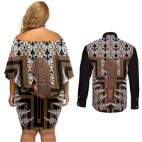 Wahaika New Zealand Couples Matching Off Shoulder Short Dress and Long Sleeve Button Shirt Maori Weapon Kowhaiwhai Fern Poutama Motifs