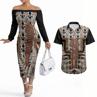 Wahaika New Zealand Couples Matching Off The Shoulder Long Sleeve Dress and Hawaiian Shirt Maori Weapon Kowhaiwhai Fern Poutama Motifs LT14 Brown - Polynesian Pride