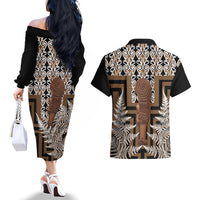 Wahaika New Zealand Couples Matching Off The Shoulder Long Sleeve Dress and Hawaiian Shirt Maori Weapon Kowhaiwhai Fern Poutama Motifs