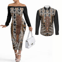 Wahaika New Zealand Couples Matching Off The Shoulder Long Sleeve Dress and Long Sleeve Button Shirt Maori Weapon Kowhaiwhai Fern Poutama Motifs LT14 Brown - Polynesian Pride