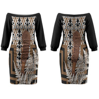 Wahaika New Zealand Couples Matching Off The Shoulder Long Sleeve Dress and Long Sleeve Button Shirt Maori Weapon Kowhaiwhai Fern Poutama Motifs LT14 - Polynesian Pride