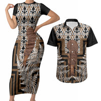 Wahaika New Zealand Couples Matching Short Sleeve Bodycon Dress and Hawaiian Shirt Maori Weapon Kowhaiwhai Fern Poutama Motifs LT14 Brown - Polynesian Pride