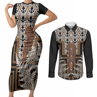 Wahaika New Zealand Couples Matching Short Sleeve Bodycon Dress and Long Sleeve Button Shirt Maori Weapon Kowhaiwhai Fern Poutama Motifs LT14 Brown - Polynesian Pride