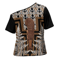 Wahaika New Zealand Cross Shoulder Shirt Maori Weapon Kowhaiwhai Fern Poutama Motifs