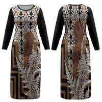 Wahaika New Zealand Family Matching Long Sleeve Bodycon Dress and Hawaiian Shirt Maori Weapon Kowhaiwhai Fern Poutama Motifs LT14 Mom's Dress Brown - Polynesian Pride