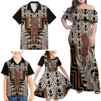 Wahaika New Zealand Family Matching Off Shoulder Maxi Dress and Hawaiian Shirt Maori Weapon Kowhaiwhai Fern Poutama Motifs