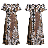 Wahaika New Zealand Family Matching Off Shoulder Maxi Dress and Hawaiian Shirt Maori Weapon Kowhaiwhai Fern Poutama Motifs LT14 Mom's Dress Brown - Polynesian Pride