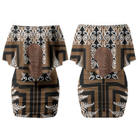 Wahaika New Zealand Family Matching Off Shoulder Short Dress and Hawaiian Shirt Maori Weapon Kowhaiwhai Fern Poutama Motifs LT14 Mom's Dress Brown - Polynesian Pride