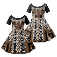 Wahaika New Zealand Family Matching Off Shoulder Short Dress and Hawaiian Shirt Maori Weapon Kowhaiwhai Fern Poutama Motifs LT14 Daughter's Dress Brown - Polynesian Pride