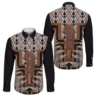 Wahaika New Zealand Family Matching Short Sleeve Bodycon Dress and Hawaiian Shirt Maori Weapon Kowhaiwhai Fern Poutama Motifs LT14 Dad's Shirt - Long Sleeve Brown - Polynesian Pride