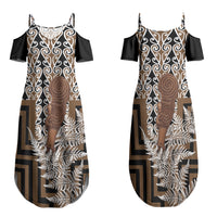 Wahaika New Zealand Family Matching Summer Maxi Dress and Hawaiian Shirt Maori Weapon Kowhaiwhai Fern Poutama Motifs LT14 Mom's Dress Brown - Polynesian Pride
