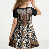 Wahaika New Zealand Kid Short Sleeve Dress Maori Weapon Kowhaiwhai Fern Poutama Motifs LT14 - Polynesian Pride