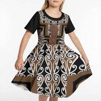 Wahaika New Zealand Kid Short Sleeve Dress Maori Weapon Kowhaiwhai Fern Poutama Motifs LT14 - Polynesian Pride