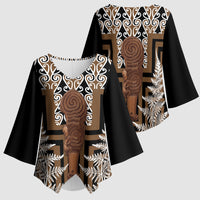 Wahaika New Zealand Kimono Sleeve Blouse Maori Weapon Kowhaiwhai Fern Poutama Motifs