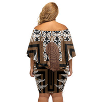 Wahaika New Zealand Off Shoulder Short Dress Maori Weapon Kowhaiwhai Fern Poutama Motifs