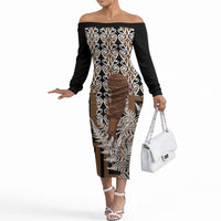 Wahaika New Zealand Off The Shoulder Long Sleeve Dress Maori Weapon Kowhaiwhai Fern Poutama Motifs LT14 Women Brown - Polynesian Pride