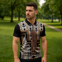 Wahaika New Zealand Zipper Polo Shirt Maori Weapon Kowhaiwhai Fern Poutama Motifs LT14 - Polynesian Pride
