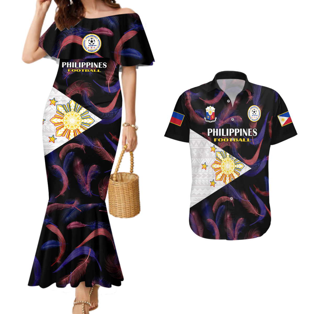 Philippines Football Couples Matching Mermaid Dress And Hawaiian Shirt 2023 World Cup Go Filipinas Feather Black Version LT14 Black - Polynesian Pride