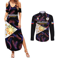 Custom Philippines Football Couples Matching Summer Maxi Dress and Long Sleeve Button Shirts 2023 World Cup Go Filipinas Feather Black Version LT14 Black - Polynesian Pride