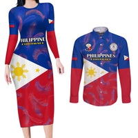 Philippines Football Couples Matching Long Sleeve Bodycon Dress and Long Sleeve Button Shirts 2023 World Cup Go Filipinas Feather Flag Version LT14 Blue - Polynesian Pride