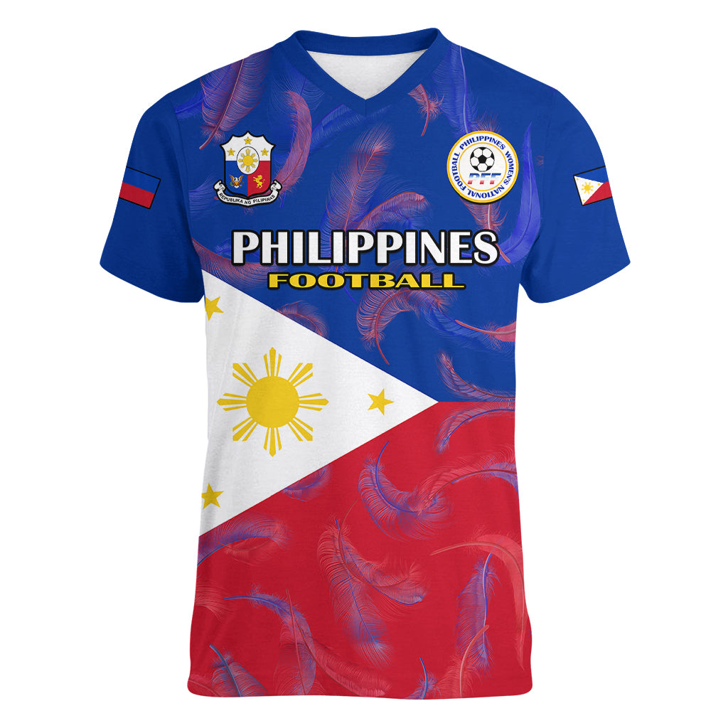 Philippines Football Women V Neck T Shirt 2023 World Cup Go Filipinas Feather Flag Version LT14 Female Blue - Polynesian Pride