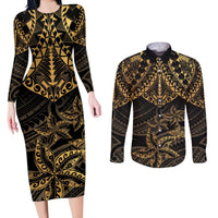 Black and Gold Polynesia Couples Matching Long Sleeve Bodycon Dress and Long Sleeve Button Shirt Plumeria Tattoo With Polynesian Pattern