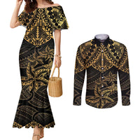 Black and Gold Polynesia Couples Matching Mermaid Dress and Long Sleeve Button Shirt Plumeria Tattoo With Polynesian Pattern