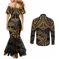 Black and Gold Polynesia Couples Matching Mermaid Dress and Long Sleeve Button Shirt Plumeria Tattoo With Polynesian Pattern