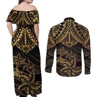 Black and Gold Polynesia Couples Matching Off Shoulder Maxi Dress and Long Sleeve Button Shirt Plumeria Tattoo With Polynesian Pattern