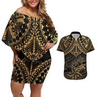 Black and Gold Polynesia Couples Matching Off Shoulder Short Dress and Hawaiian Shirt Plumeria Tattoo With Polynesian Pattern