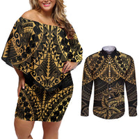 Black and Gold Polynesia Couples Matching Off Shoulder Short Dress and Long Sleeve Button Shirt Plumeria Tattoo With Polynesian Pattern