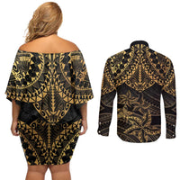 Black and Gold Polynesia Couples Matching Off Shoulder Short Dress and Long Sleeve Button Shirt Plumeria Tattoo With Polynesian Pattern