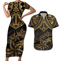 Black and Gold Polynesia Couples Matching Short Sleeve Bodycon Dress and Hawaiian Shirt Plumeria Tattoo With Polynesian Pattern