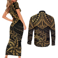 Black and Gold Polynesia Couples Matching Short Sleeve Bodycon Dress and Long Sleeve Button Shirt Plumeria Tattoo With Polynesian Pattern
