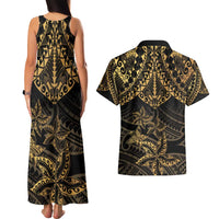 Black and Gold Polynesia Couples Matching Tank Maxi Dress and Hawaiian Shirt Plumeria Tattoo With Polynesian Pattern
