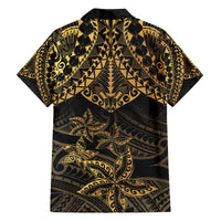 Black and Gold Polynesia Family Matching Off The Shoulder Long Sleeve Dress and Hawaiian Shirt Plumeria Tattoo With Polynesian Pattern