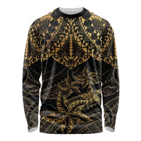 Black and Gold Polynesia Long Sleeve Shirt Plumeria Tattoo With Polynesian Pattern