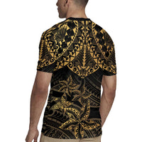 Black and Gold Polynesia Rugby Jersey Plumeria Tattoo With Polynesian Pattern