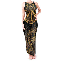 Black and Gold Polynesia Tank Maxi Dress Plumeria Tattoo With Polynesian Pattern