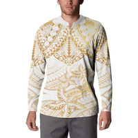 White and Gold Polynesia Button Sweatshirt Plumeria Tattoo With Polynesian Pattern