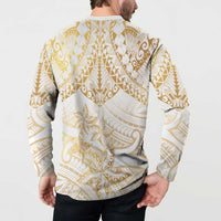 White and Gold Polynesia Button Sweatshirt Plumeria Tattoo With Polynesian Pattern